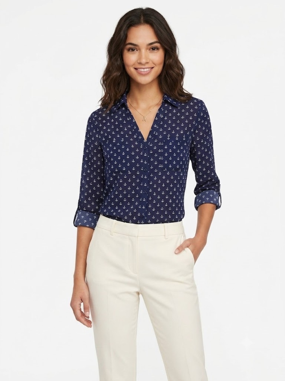 Express Navy Anchor Print V-Neck Button-Front Blouse - Women